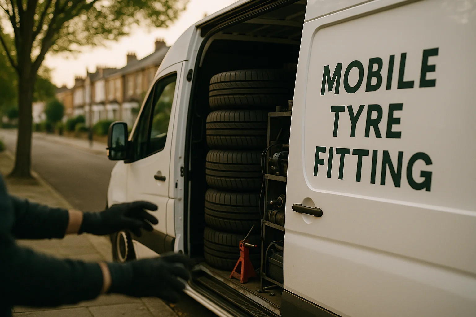 Mobile Tyre Fitting Services London — A modern mobile tyre fitting van parked curbside in a London residential neighbo Mobile Tyre Fitting Services London — A modern mobile tyre fitting van parked curbside in a London residential neighbo
