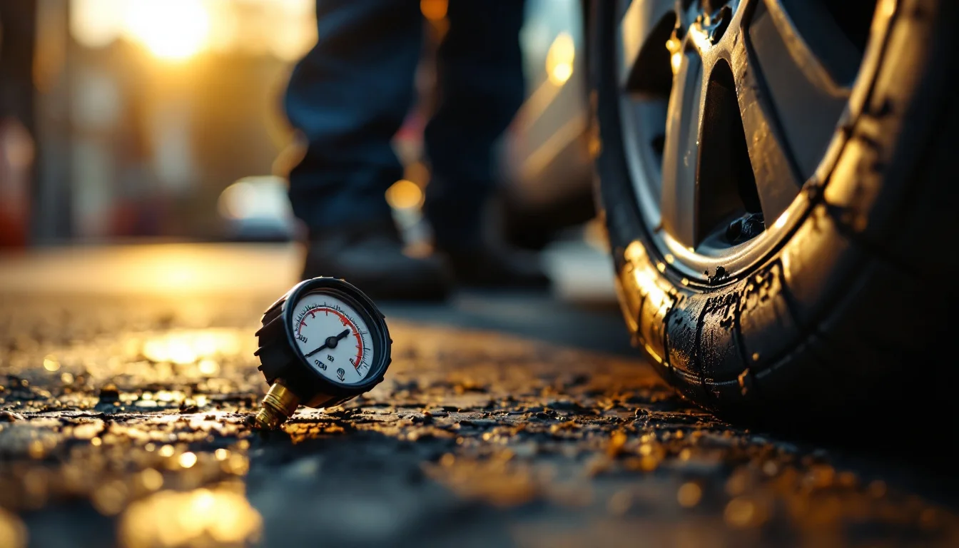 Benefits Of Mobile Tyre Filling — A technician using a digital pressure gauge to fill a car tyre on a London roads