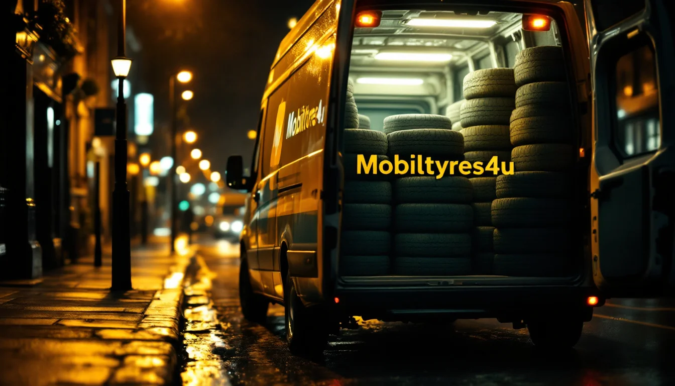 Cost Of Mobile Tyre Repair London — A Mobiltyres4u van parked roadside at night with a technician unloading tyres fo