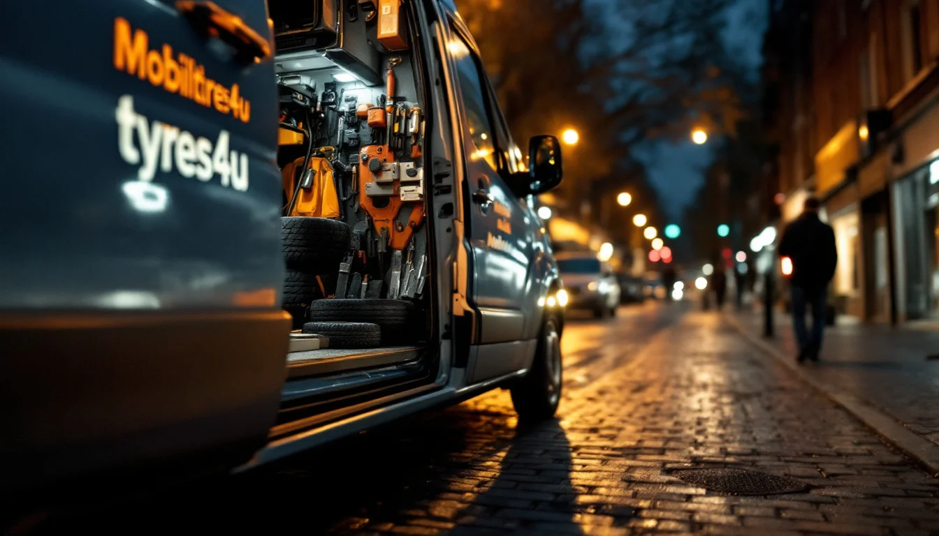 Best Mobile Tyre Services In London — A Mobiltyres4u van illuminated by streetlights as the technician readies equipme