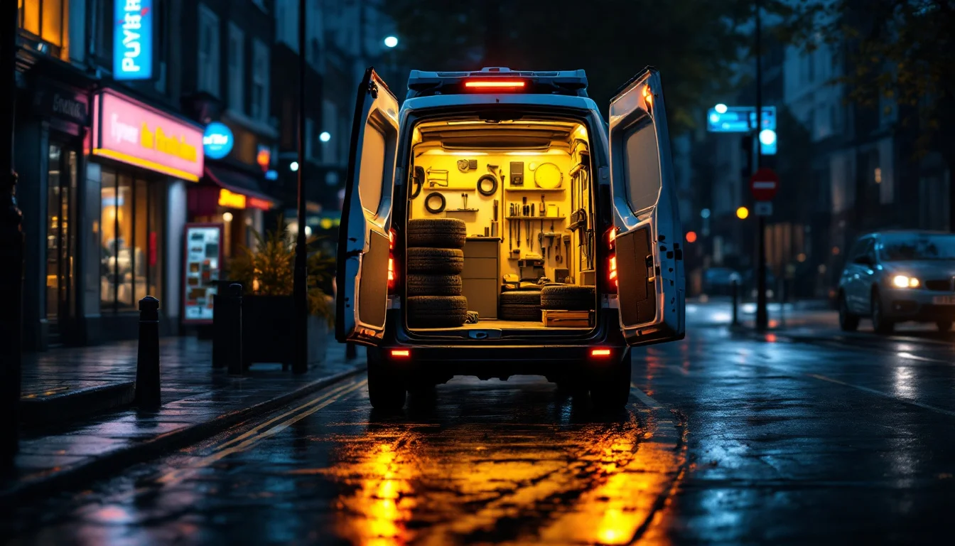 How To Book Mobile Tyre Fitting â€” A branded van and technician providing late-night emergency tyre fitting service