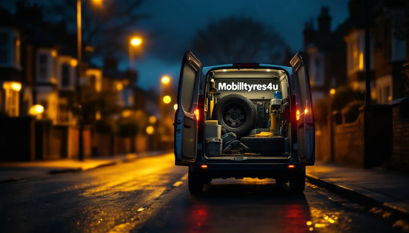 London Mobile Tyre Fitting Reviews â€” A Mobiltyres4u van parked roadside in London at night, with the technician assis