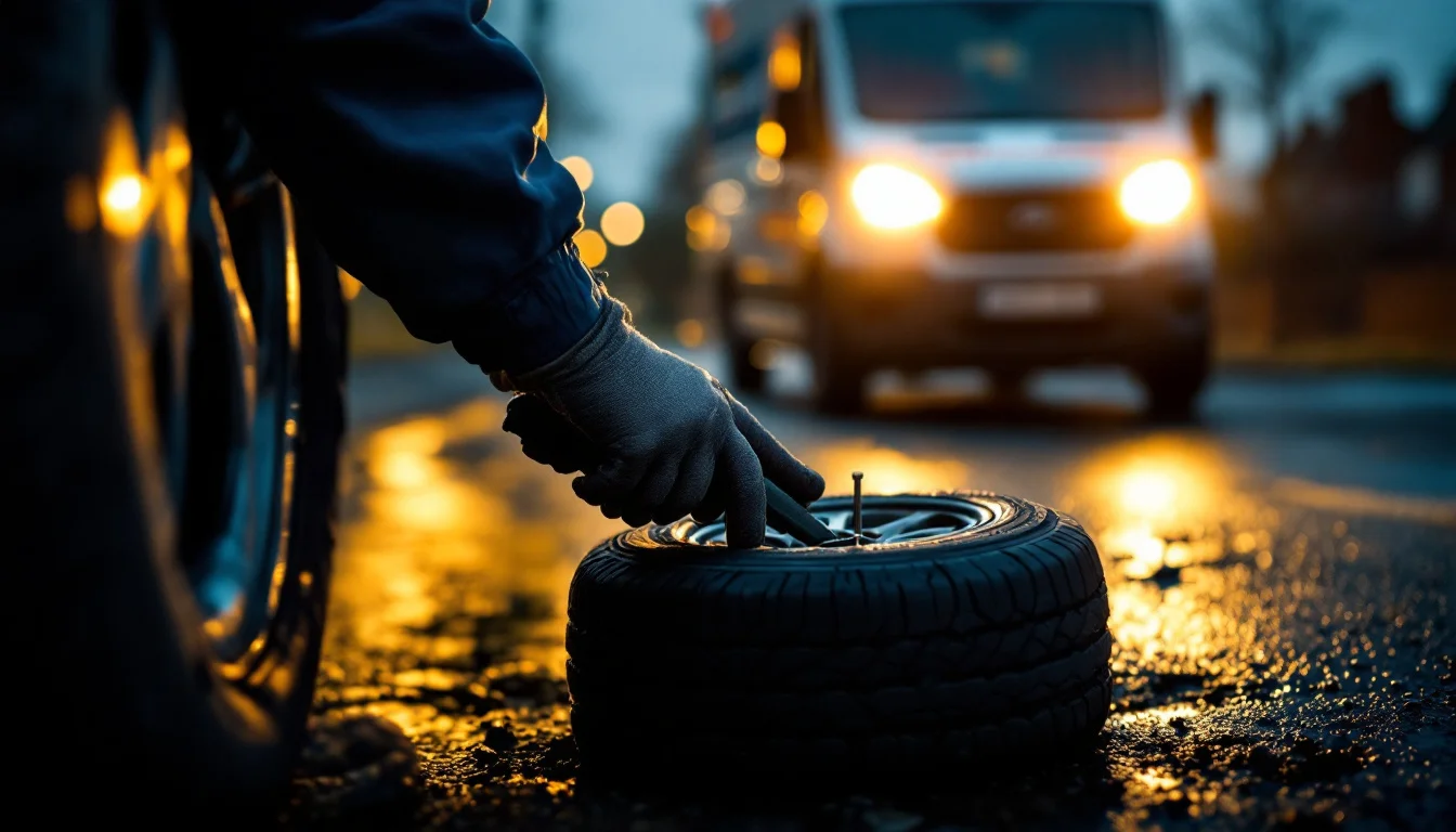 Mobile tyre technician lifting a wheel beside his van on a wet London street at dusk