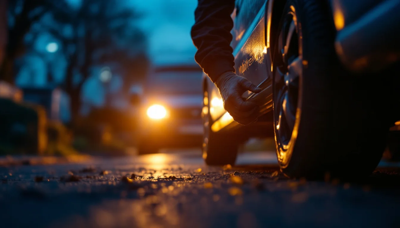 Mobile Tyre Services For Flat Tyres — A Mobiltyres4u van parked on a suburban street, technician assisting a customer Mobile tyre fitter changing a flat tyre at the kerb at dusk