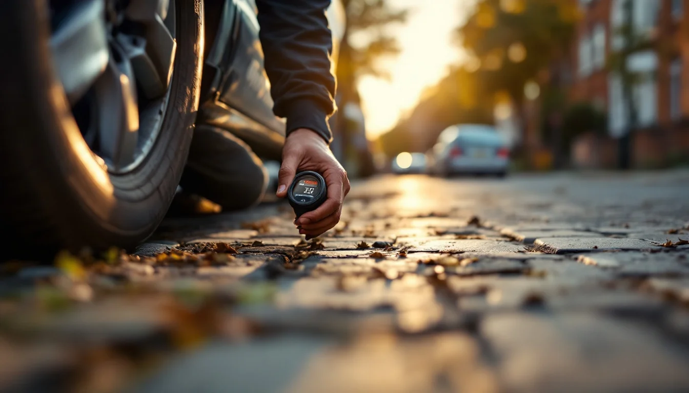 Common Tyre Problems In London — A branded Mobiltyres4u van parked roadside in South West London, technician usin Technician checking a car tyre on a London street at sunset