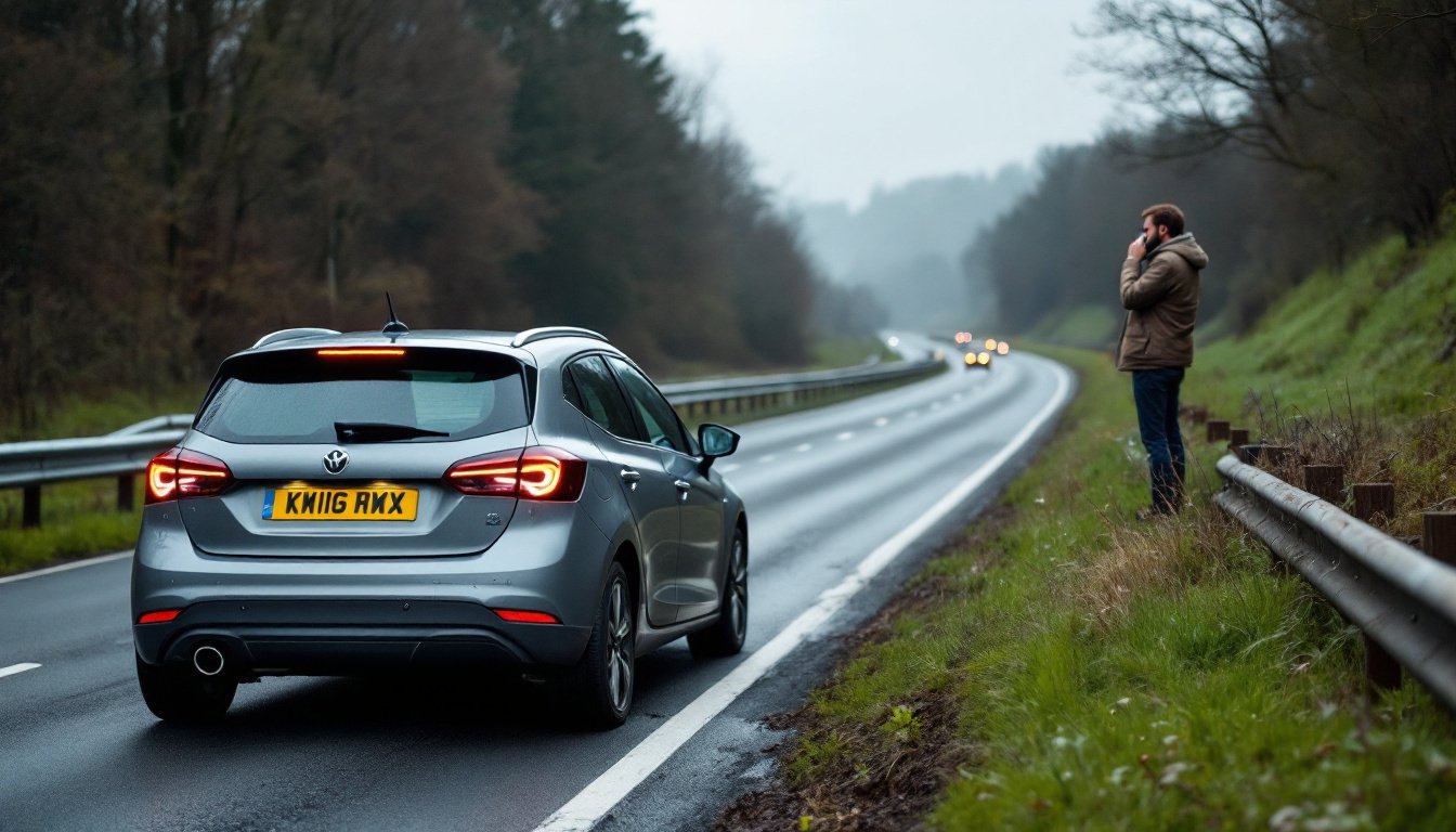 Driver phoning for help from behind the crash barrier after stopping on a UK motorway hard shoulder