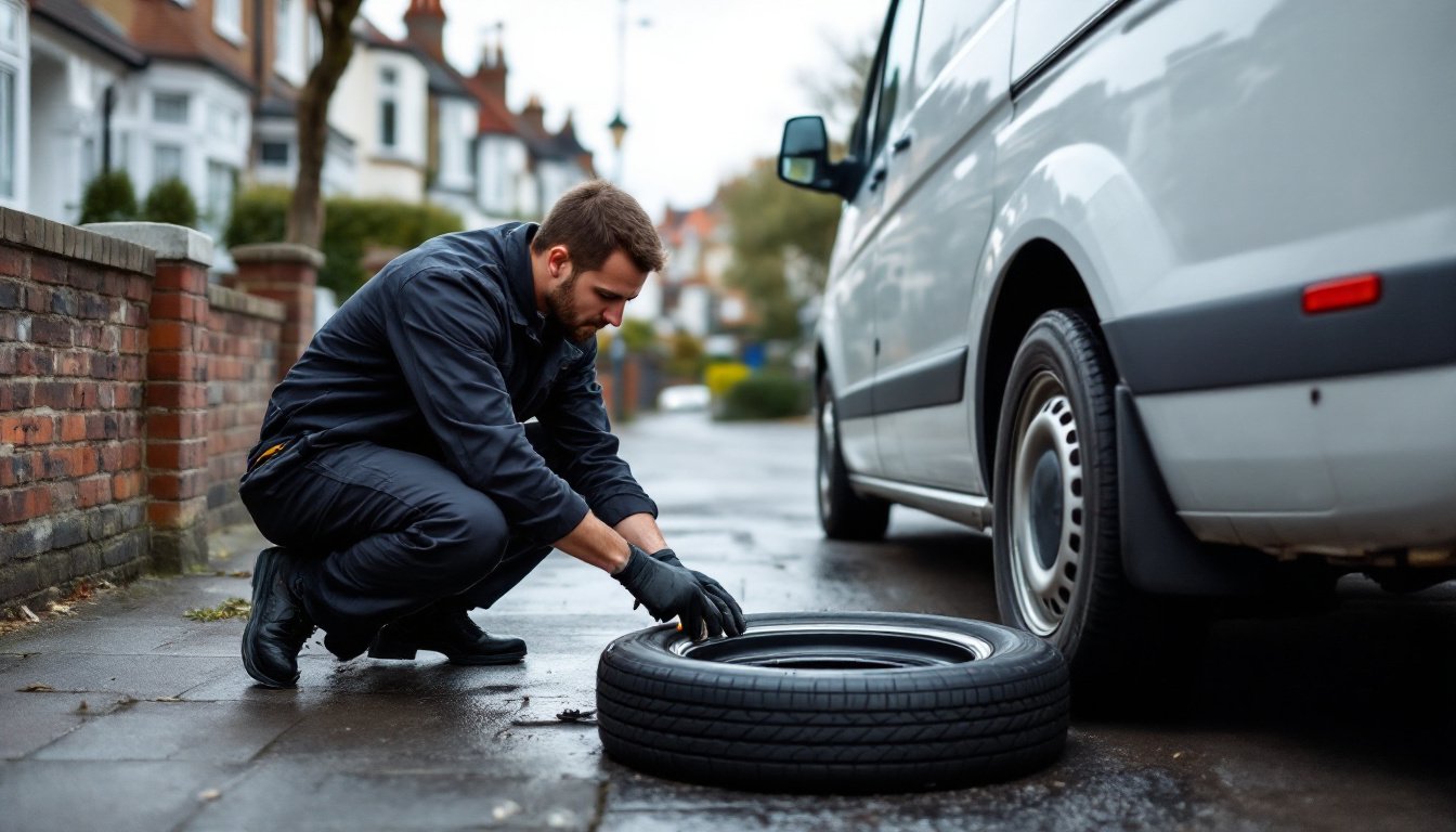 Mobile flat tyre repair in London Mobile tyre technician with a replacement tyre beside a van on a residential London street
